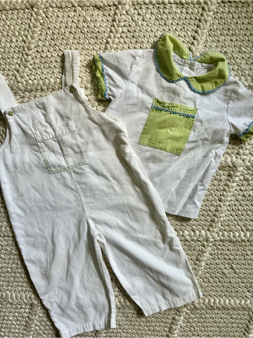 White Baby Overalls and Lime Green Pocket Shirt Set